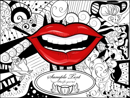 Vector picture with lips, bizarre background and space for your textのイラスト素材