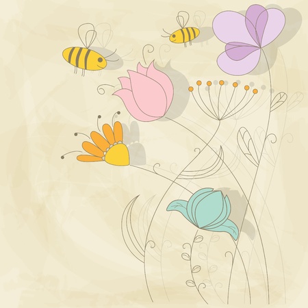Vector picture with flowers and beeのイラスト素材