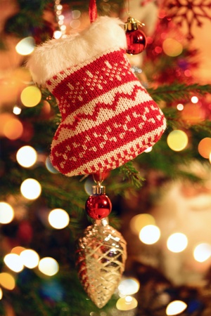 This is photo of christmas sock on xmas treeの写真素材