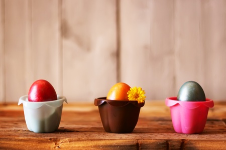 Cute photo with easter eggs in the nestの写真素材
