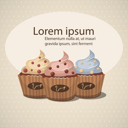 Vector retro illustration with 3 cute cupcakesのイラスト素材