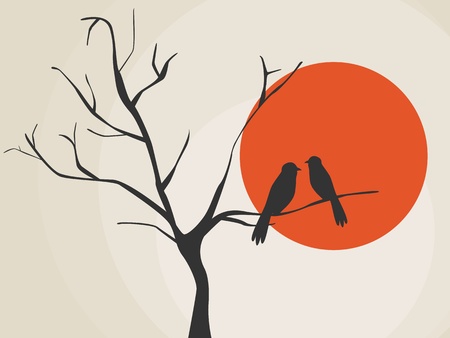 Vector illustration with tree, sun and birdsのイラスト素材