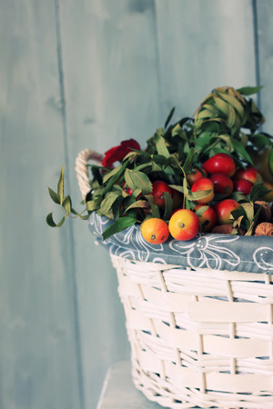 Photo of white basket with autumn fruitsの写真素材