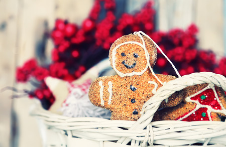 Photo of basket with christmas decorationsの写真素材