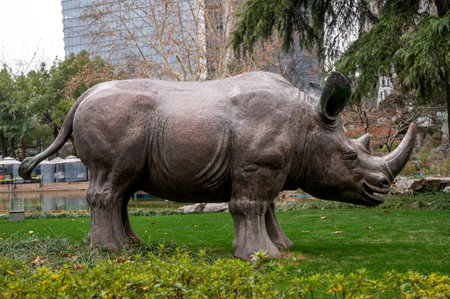 Sculpture of a rhinoceros in the parkの写真素材