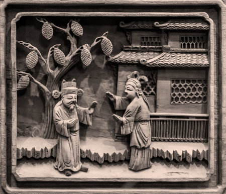 Wood carving in traditional Chinese style, closeup of photo.のeditorial素材