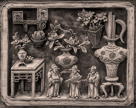 Antique pottery in black and white, closeup of photoのeditorial素材