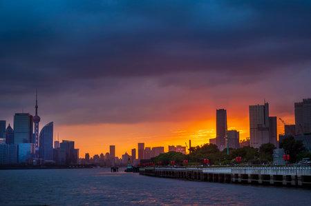 Shanghai skyline at sunset, China. Shanghai is the largest city in the world.のeditorial素材