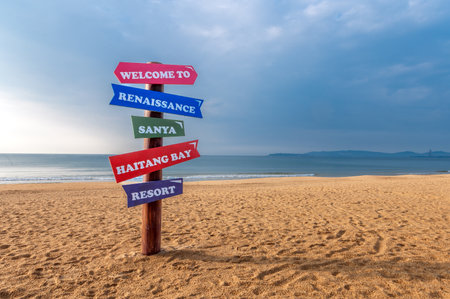 Wooden signpost on the beach with different directions of direction to travelの写真素材
