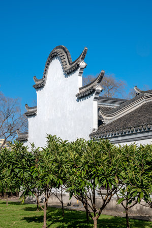 The ancient Chinese style building in the park, closeup of photoのeditorial素材