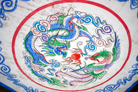 Colorful Chinese dragon painting on the wall in a Chinese temple.の写真素材