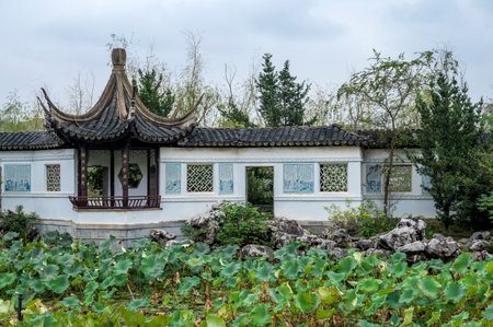 Chinese traditional style pavilion in the park, closeup of photoのeditorial素材