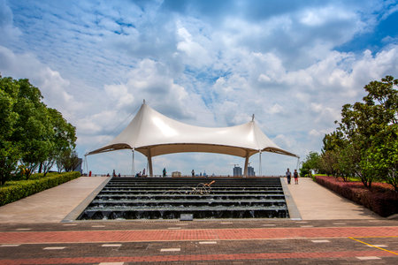 Huge white tent in the park on a background of blue skyのeditorial素材