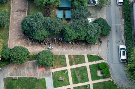 Aerial view of public park with people walking in the park.のeditorial素材