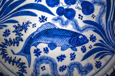 Blue and white Chinese porcelain fish, closeup of photoの写真素材