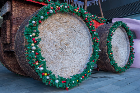 Christmas decoration in the form of a wreath of spruce branchesの写真素材