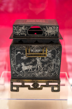 Chinese ancient bronze treasure chest, close-up, selective focus.の写真素材