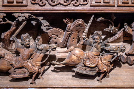 Woodcarving in the traditional Chinese style, close-up.の写真素材