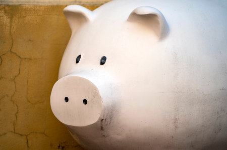 Piggy bank on the wall of a house. Close up.の写真素材
