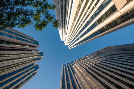 Low angle view of modern skyscrapers in Hongkong