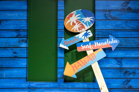 Welcome to Hawaii sign on a blue wooden background with a place for your textの写真素材