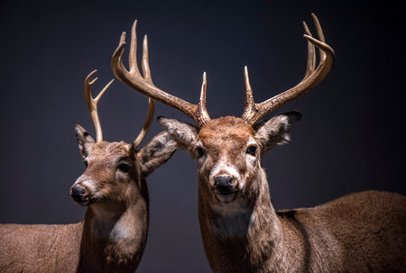 Two mule deer with antlers on black background. Studio shot.の写真素材
