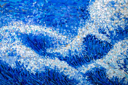 Blue and white mosaic tiles on the wall. Abstract background and texture for design.の写真素材