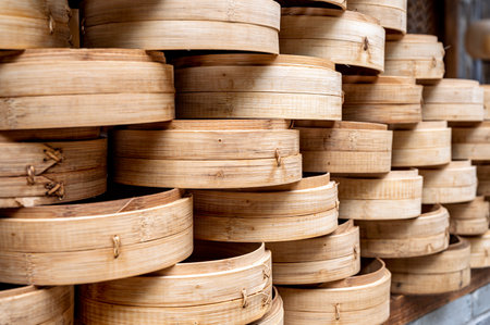 Bamboo steamer in the store. Close-up view.の写真素材