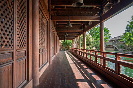Beautiful wooden bridge in the Chinese temple, closeup of photoの写真素材