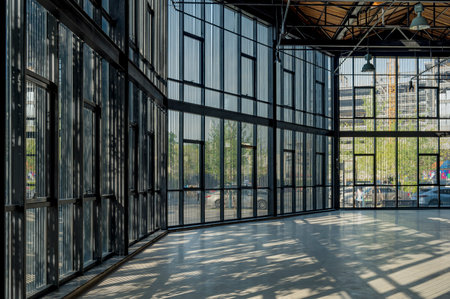 Interior of a modern office building with glass walls and large windowsのeditorial素材