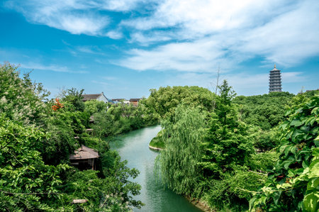 Landscape view of Wuyuan Garden in Jiangsu, Chinaの写真素材