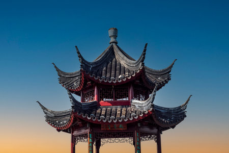 Chinese pavilion with blue sky in the evening, Beijing, Chinaの写真素材