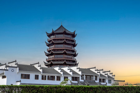 Pagoda and pagoda in chinese temple at sunset.の写真素材
