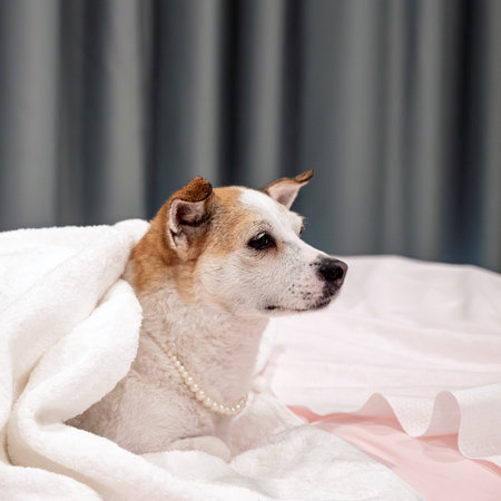 Portrait of a Jack Russell Terrier dog on a bed.の写真素材