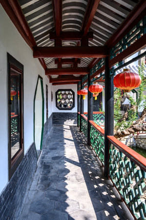 Chinese style corridor in traditional Chinese house, closeup of photo.の写真素材