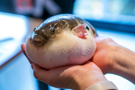Puffer fish in the hands of a veterinarian close-up.