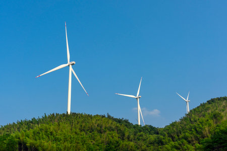 Wind turbines for electric power production, Zaragoza province, Aragon, Spain.