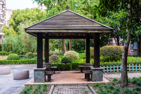 Wooden gazebo in the park at hong kongの写真素材
