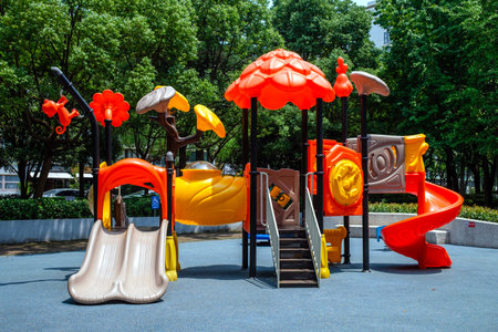 Colorful children playground in the park, close-up of photo