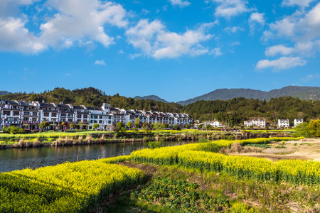 Rural landscape of a small town on the bank of the riverの写真素材