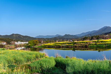 Landscape view of the lake and mountains in spring, China.の写真素材