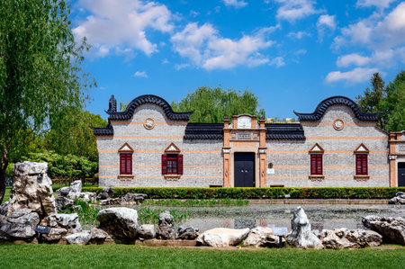 Traditional style building in the park, Seoul, South Koreaの写真素材