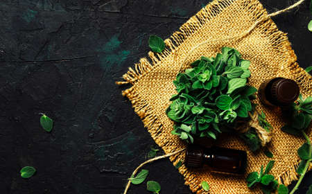 Essential oregano oil in a glass bottles and a bunch of fresh herbs, black background, top viewの写真素材