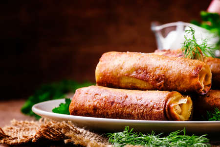 Savory fried pancakes, rustic style, shallow depth of field