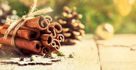 New Year or Christmas composition with spices for making hot winter drink, cinnamon, cardamom, cloves and anise, vintage wooden background, selective focusの写真素材