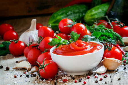 Tomato sauce with herbs and spices, selective focusの写真素材