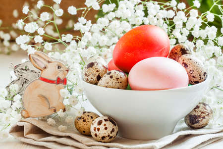 Painted Easter eggs and quail eggs in a white porcelain bowl with white flowers in spring and painted Easter Bunny, selective focusの写真素材