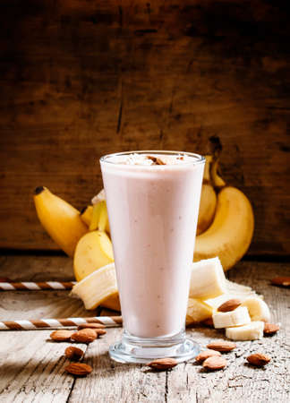 Dairy smoothies with ground almonds and banana, healthy eating, selective focusの写真素材