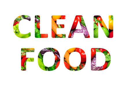 Clean food, multi-colored text cut out of vegetables photo, the inscription on white backgroundの写真素材
