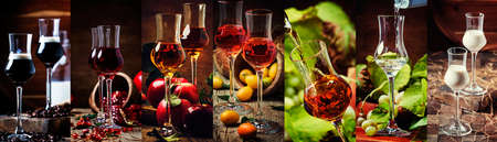 Strong alcoholic drinks, alcohol collection. Liqueurs and liquors in glasses. Rustik style. Photo collageの写真素材